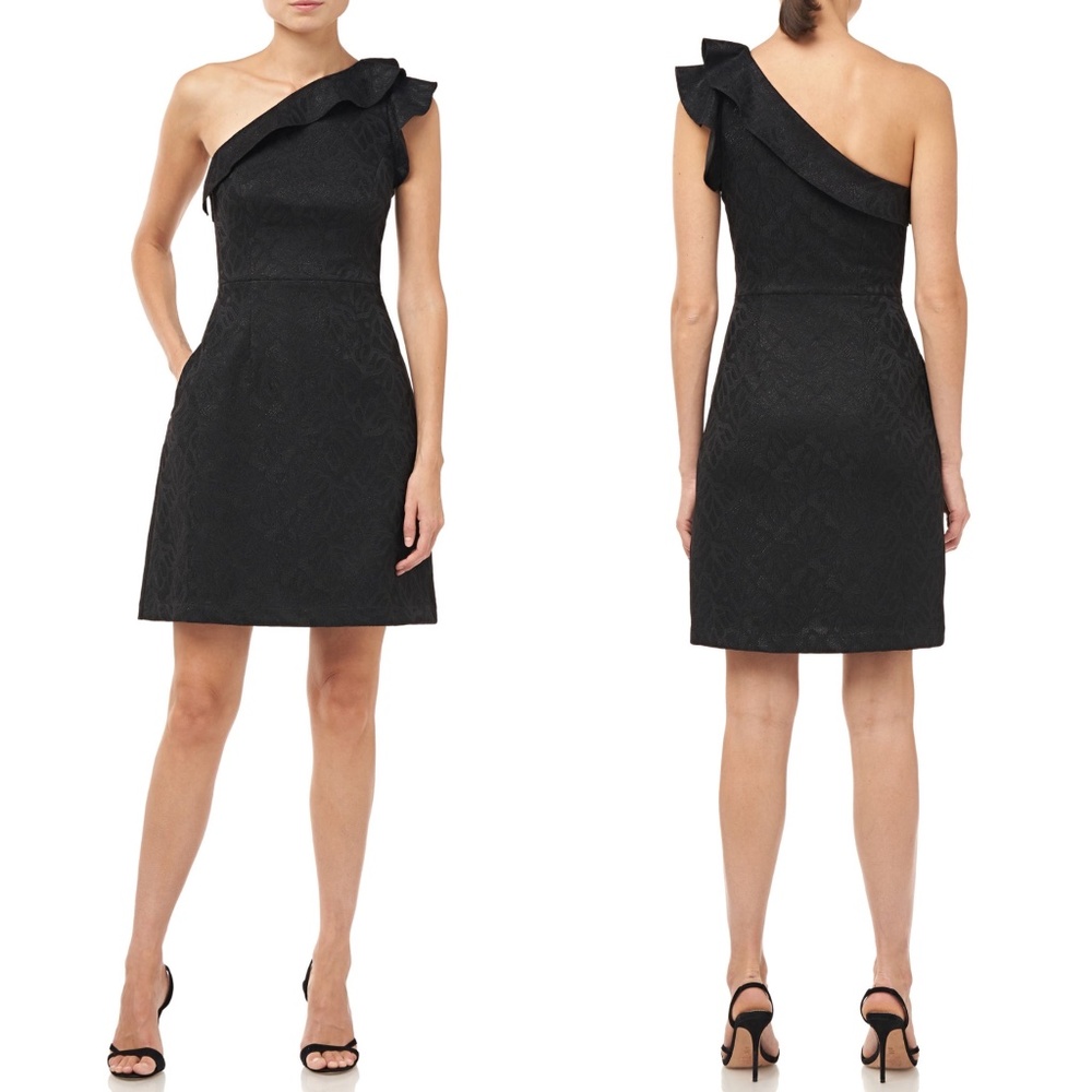 NEW HALSTON HERITAGE Black SHIMMER Floral JACQUARD One Shoulder COCKTAIL DRESS 2